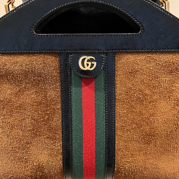 💯 Authentic Gucci Ophidia Brown Suede Cut Out Top Handle Shoulder Bag - Picture 3 of 12